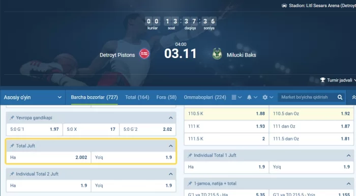 1xbet basketbol stavka basketball total