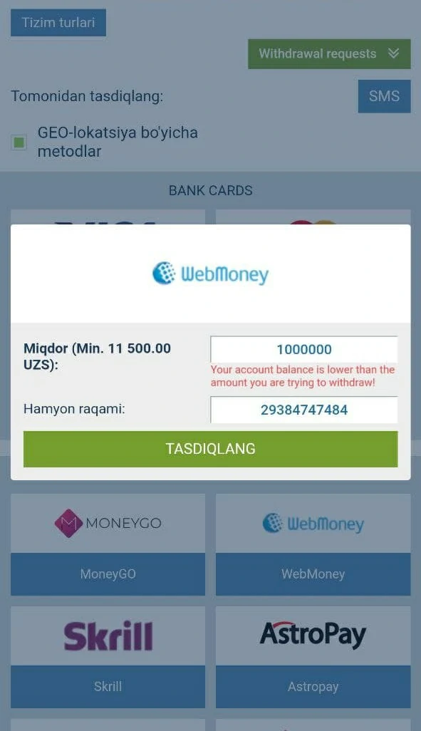 pul chiqarish xatosi 1xbet