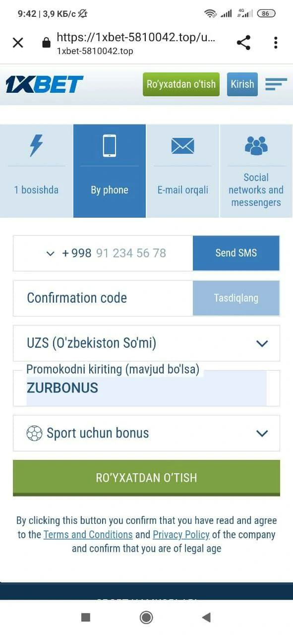 telefon orqali ruyhatdan o`tish