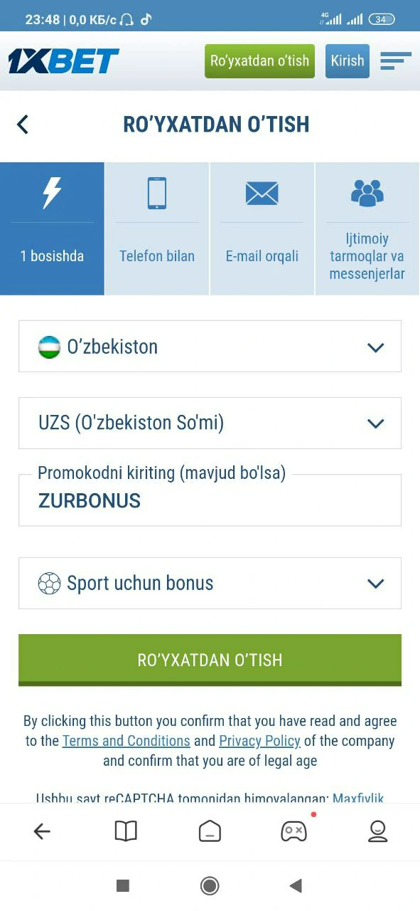 1 bosishda registratsiya