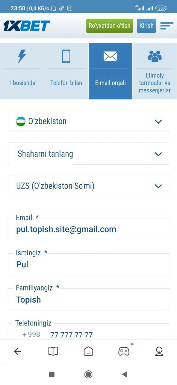 e-mail orqali registratsiya 1xbet