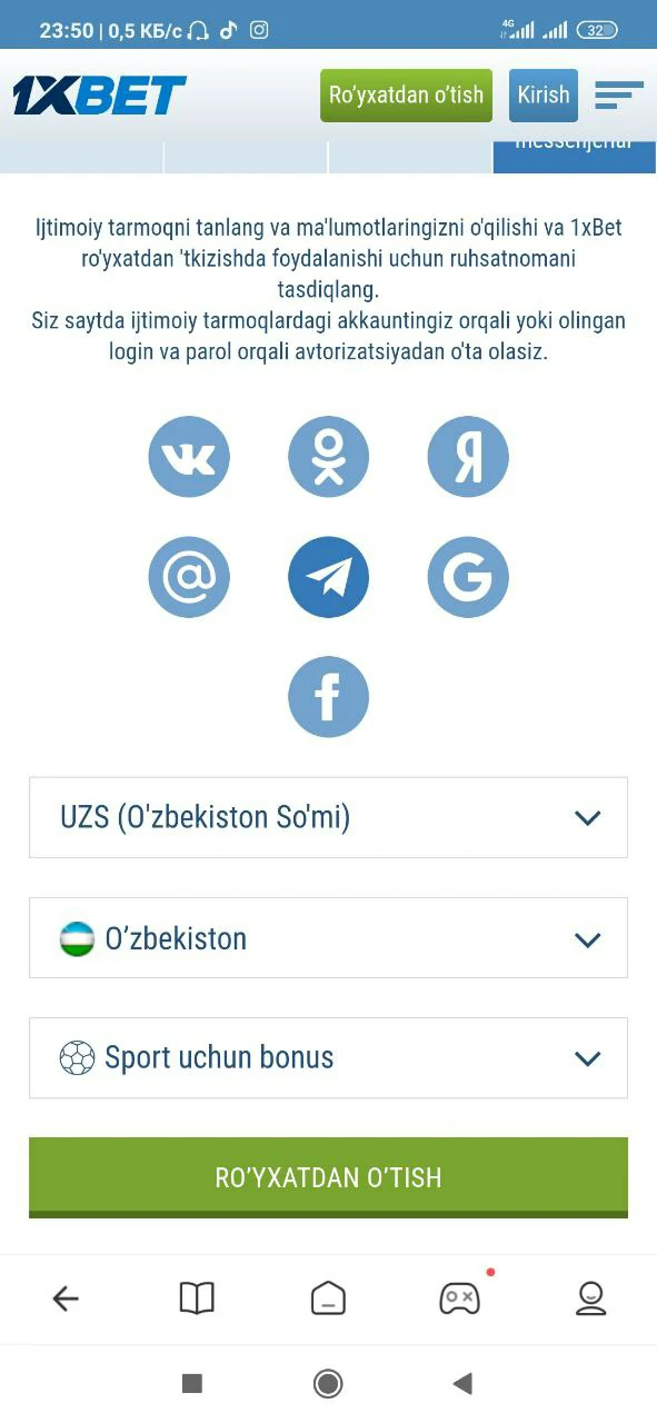 ijtimoiy tarmoqlar oraqli ruyhatdan utish 1xbet