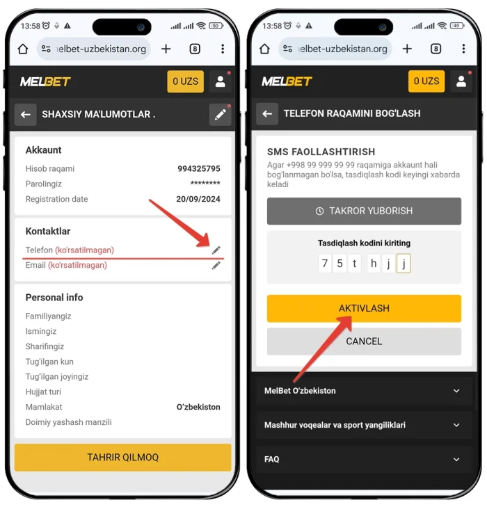 Melbet profilingizda telefoningizni qanday faollashtirish mumkin