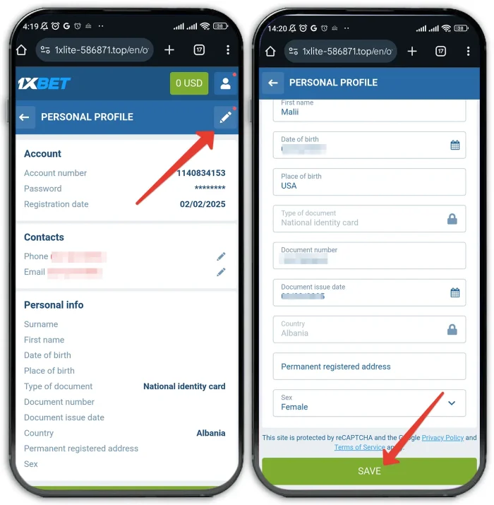 How to enter personal data in 1xbet profile