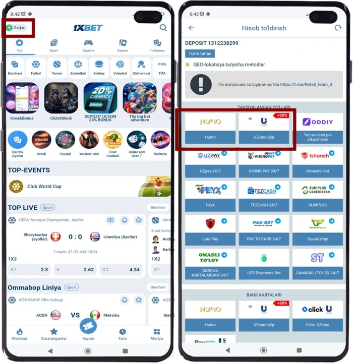 Qanday 1xbetda humo va uzkard orqali to'ldirish